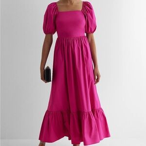 Express Square Neck Puff Sleeve Tiered Poplin Midi Dress